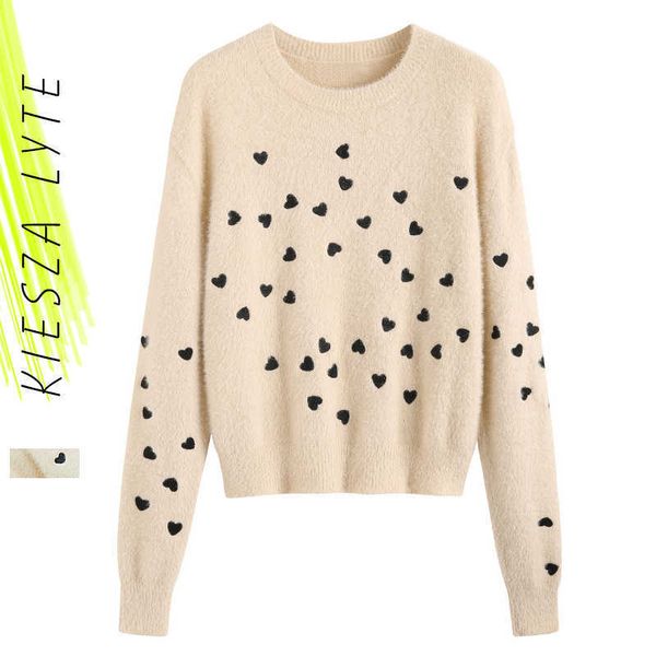 

embroidery mink cashmere sweater autumn winter thicken sweet casual solid color warm pullover pull femme 210608, White;black