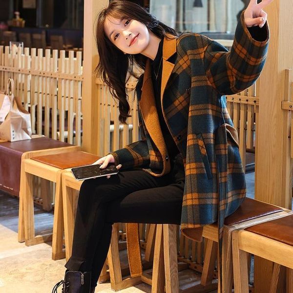 

fine woolen coat women's plaid loose fashion waist slim wool & blends, Black