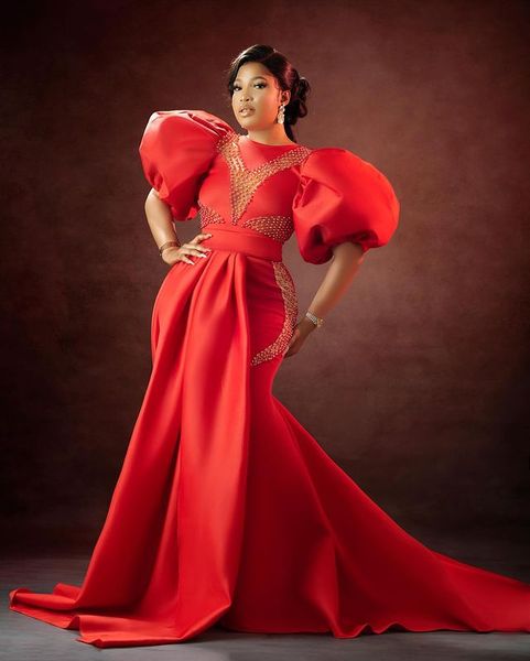 

2021 plus size arabic aso ebi red mermaid prom dresses beaded short sleeves evening formal party second reception gowns zj392, Black