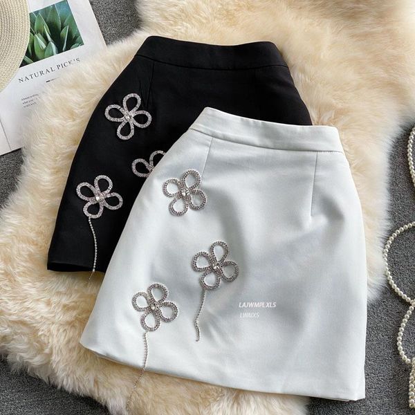 

skirts retro temperament fashionable high waist white skirt female summer sweet a-line bow short with diamonds, Black