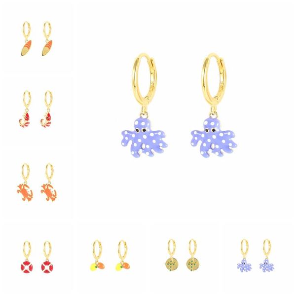

hoop & huggie canner ocean creature earring for girls 925 sterling silver women ear hoops with enamel shrimp ocs crab surfboard pendant, Golden;silver