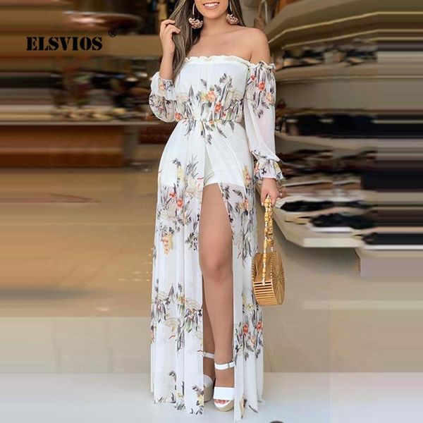 

casual dresses 2021 summer fashion chiffon printed slash neck off-shoulder long dress elegant sleeves split lining party, Black;gray