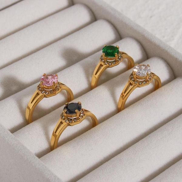 

cluster rings 18k gold plated titanium steel jewelry round oval cuff cz stone ring vintage classical black white green pink zircon, Golden;silver