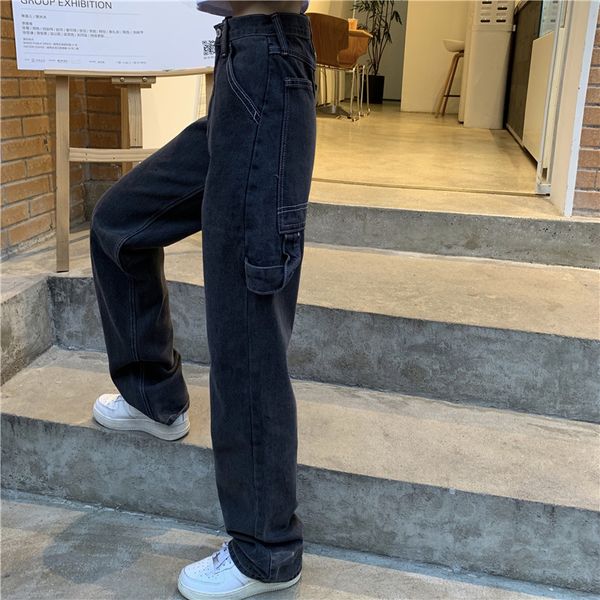 

2021shengpalae 2021 new summer casual jeans woman long trousers cowboy female loose streetwear multi-pocket straight pants za4421, Blue