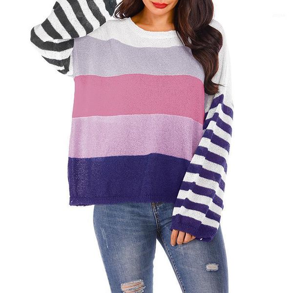 

women's sweaters sweater women fashion cozy large size round neck contrast color striped loose casual pullover, White;black