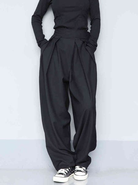 

high waist black brief pleated long wide leg trousers loose fit pants women fashion tide spring autumn 210429, Blue