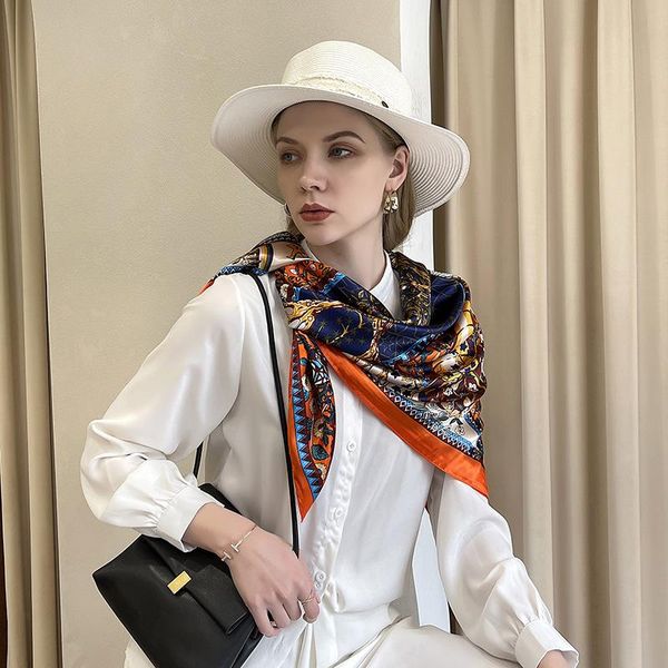 

scarves 2021 fashion lady scarf 90cm * bohemian printed tree shaped silk bib, Blue;gray