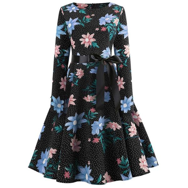 

vintage floral printing dress women long sleeve elegant party autumn winter female casual a-line tunic plus size dresses, Black;gray