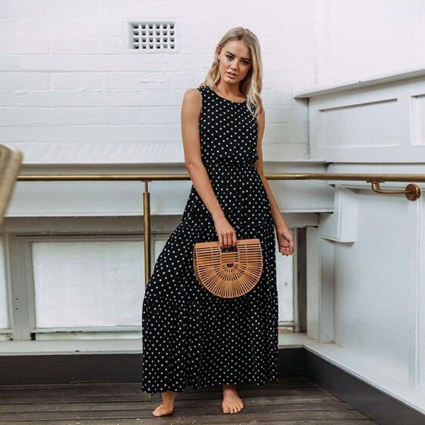 

fashion dot printing long dress women sleeveless o neck coffee casual dresses lady summer beach party sundress, Black;gray