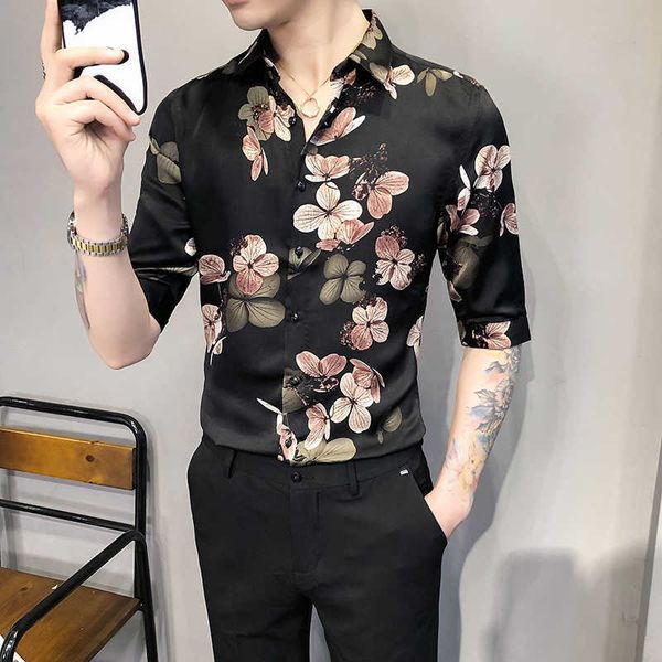 

korean flower shirts men slim fit short sleeve shirts summer casual business streetwear blouse social party nightclub 210527, White;black