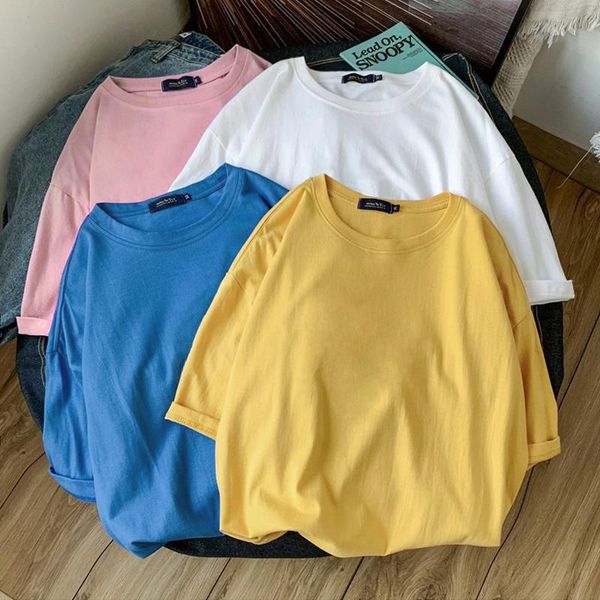 

women's t-shirt basic cotton t shirt women summer oversized solid tees 7 color casual loose tshirt korean o neck female, White