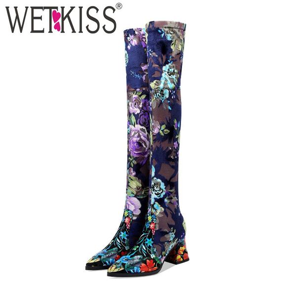 

boots wetkiss over the knee women print retro stretch boot high heels thick shoes female pointed toe ladies winter 2021, Black