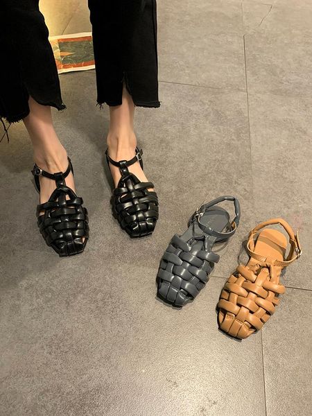 

sandals 2021 summer designer women buckle belt roman casual shoes leather flat femino retro, Black