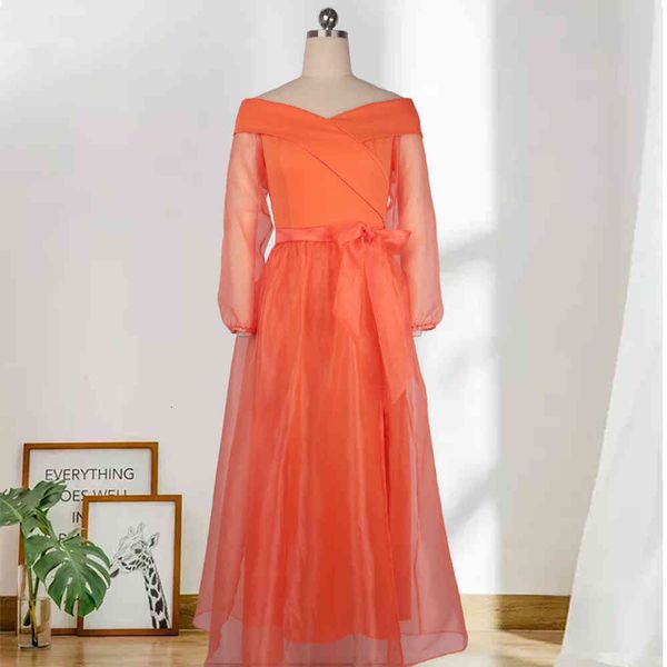 

dress elegant women dressed off the shoulder shredded sleeves cleft orange mesh crocheted birthday party robe plus size xxl with waist belt, Black;gray