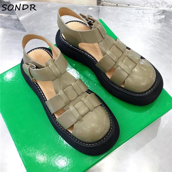 

sandals fashion women thick sole flat gladiator genuine leather t strap roman platform buckle casual shoes woman, Black
