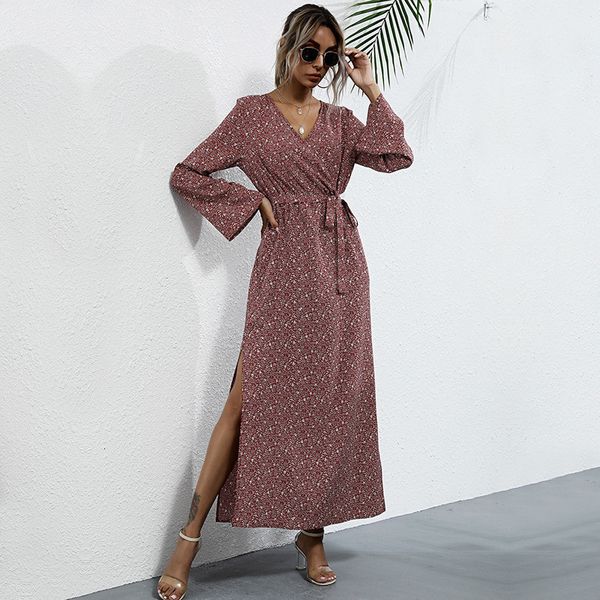 

dresses vintage long print casual flare sleeve high waist split autumn winter bandage for women elegant 2hsq, Black;gray