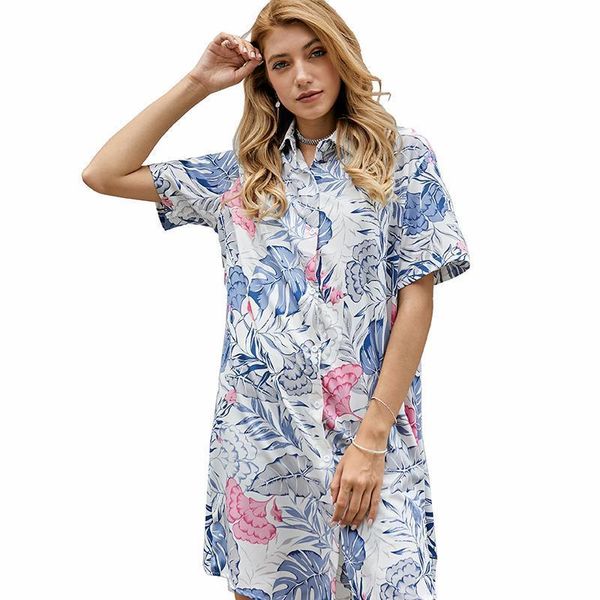 

yoming ym24 fashion casual long women shirts print turn down collar sleeve buttons dress, White
