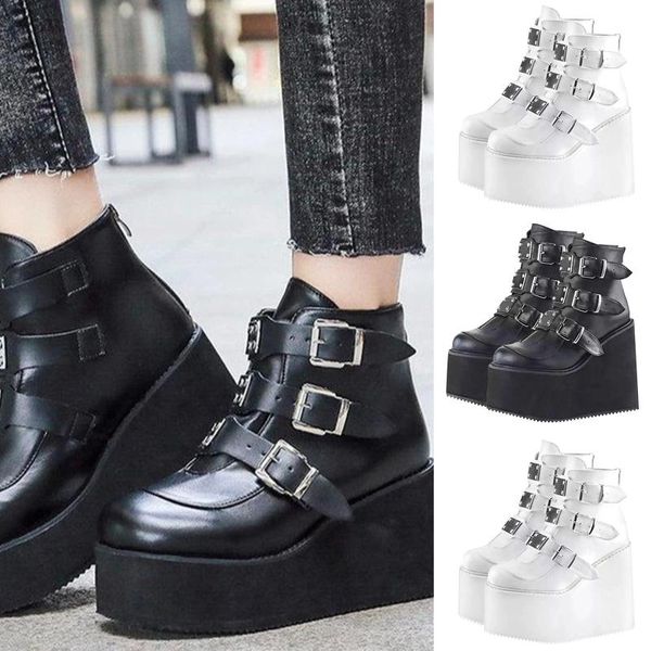 

boots 2021 ankle shoes for women fashion wedge platfrom buckle zip up chunky high heels autumn botas mujer female #, Black