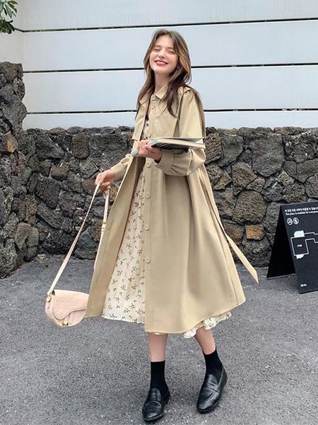 

women's trench coats early autumn coat loose korean style temperament collar british windbreaker mid-length, Tan;black