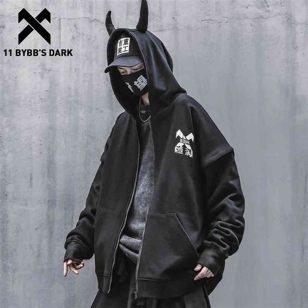 11 BYBB'S DARK Techwear Harajuku Felpa con cappuccio Felpe Uomo Punk Devil Horns Pullover Hip Hop Streetwear Cardigan Felpe Nero 210819