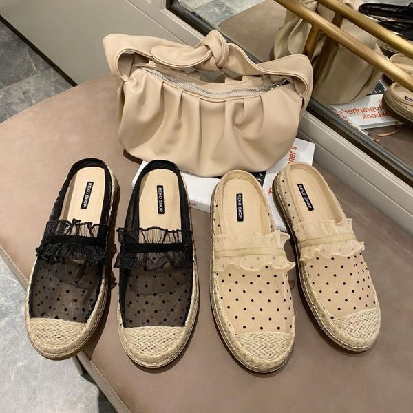 

slippers knitted ruffles polka dot lace women slip on transparent soft sole mules slides cane weaved flats flip flops mujer, Black