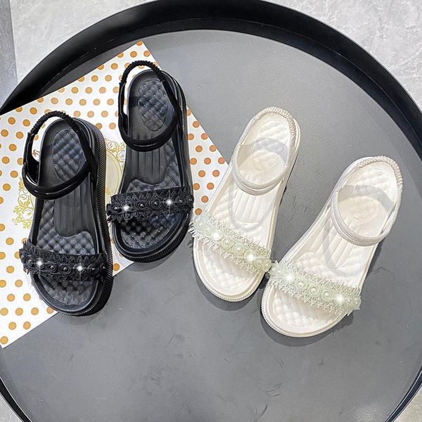 

one word with pearl sandals roman style summer thick bottom flat solid color open toe beach shoes women's x840 dress, Black