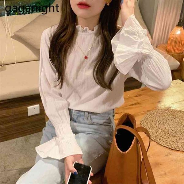 

spring autumn french solid flare sleeve stand collar ladies blouses loose sweet fashion slim students office lady 210601, White