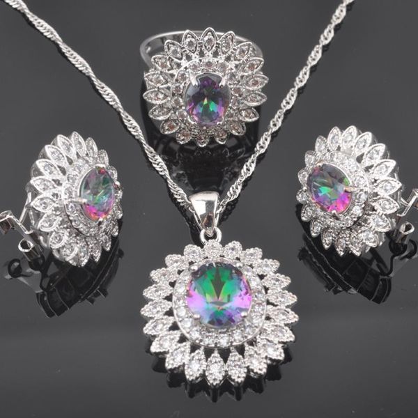 

earrings & necklace russian style rainbow zirconia flower silver color jewelry sets for women party jewellry pendant rings qs0578