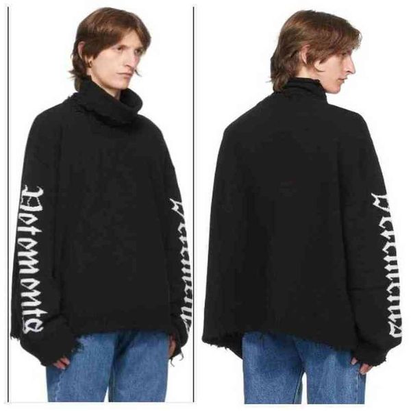 

21ss retro ripped casual loose fit printing streetwear hip hop vintage vetements sweater, Black