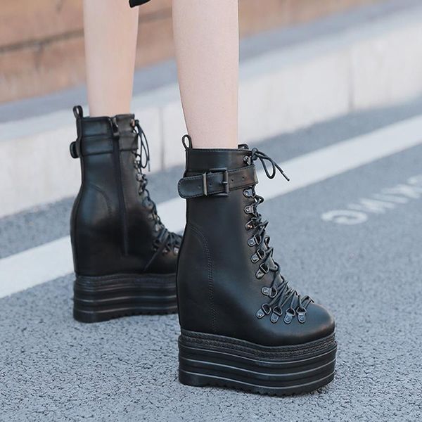 

women's platform wedge boots, gothic high-heeled belt chain, leather, black, boots