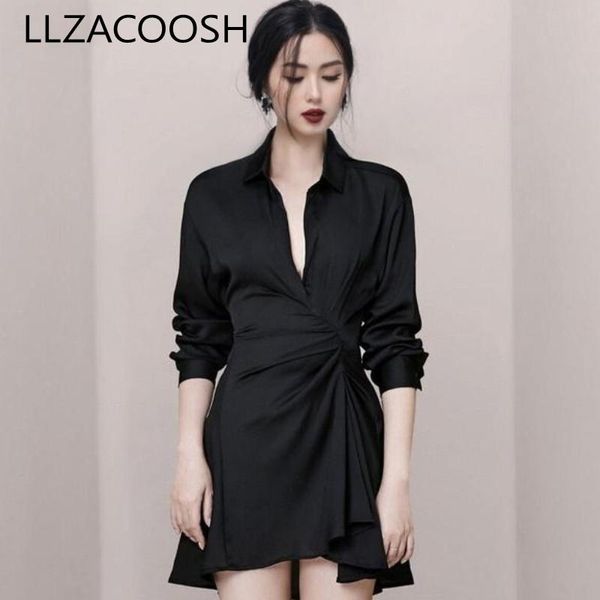 

casual dresses 2021 women autumn turn down collar long sleeve lady shirt fashion black mini dress, Black;gray