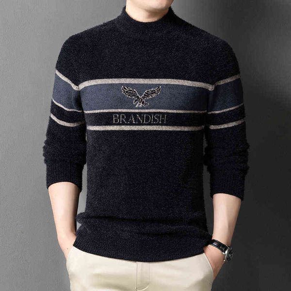 

2021 winter men's ferret knitted sweater fashion jacquard stripe slim round neck thickened warm bottom shirt, White;black
