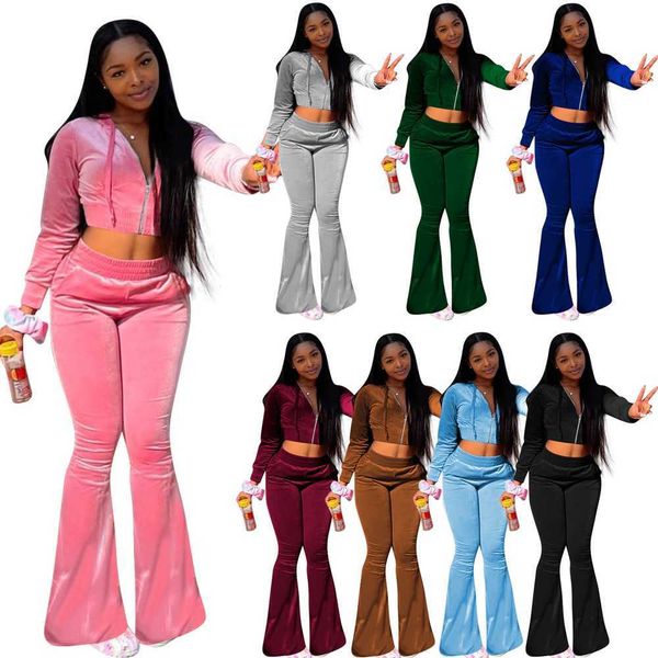 

velvet two piece set tracksuit women fall winter long sleeve hooded crop sweatshirt+bell bottom pant velour clothes, Gray