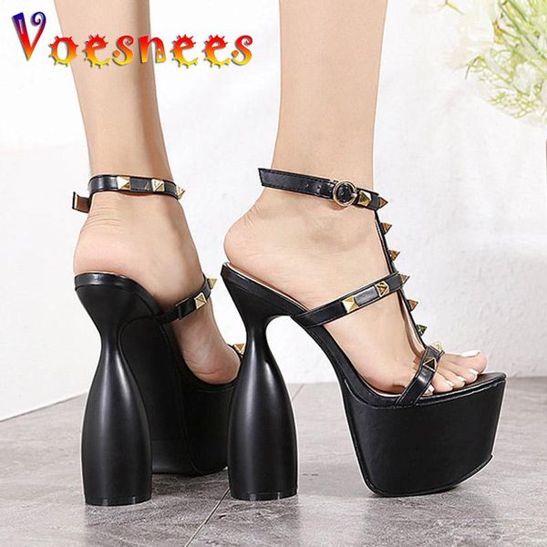 

sandals design dress sandal women 2021 summer black with thin rivets high heels 16.5cm platform round heel steel tube dancing shoes
