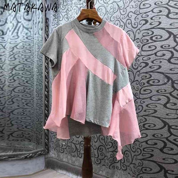 

matakawa summer contrast stitching woman tshirts irregularly placed short-sleeved t-shirt women's aesthetic clothes 210513, White