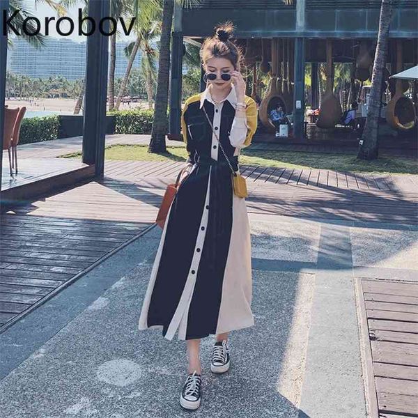 

korobov new arrival women long dress korean office lady sweet feamle dresses vintage elegant hit color patchwork vestidos 210430, Black;gray