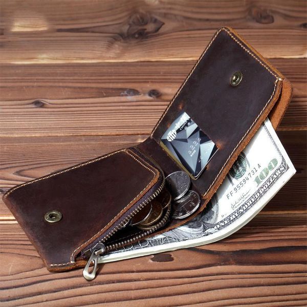 

vintage handmade genuine leather male wallet crazy horse short for men small purse with credit card cover, Red;black