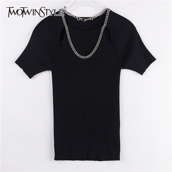 

twowinsyle black patchwork chain shirt for women o neck short sleeve hollow out slim shirts female fashion summer ide 210524, White