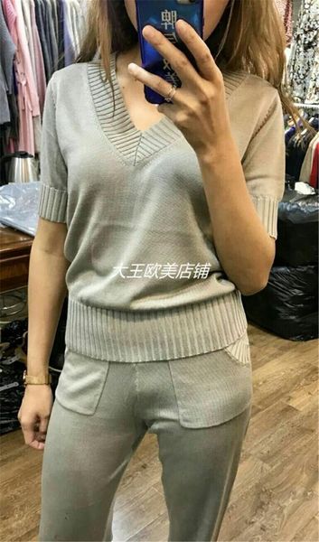 

wool half drawstring thin knitted suit female tencel v-neck sleeve sweater + leisure trousers wild two-piece women's two piece pants, White