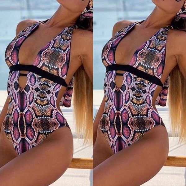 

wtcandy 2021 print purple snakeskin one piece swimwear women deep v swimsuit backless monokini beach may bathing suit one-piece suits