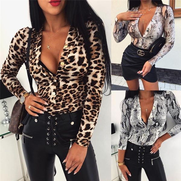 

fashion leopard snake print bodysuit women jumpsuit letter bodycon skinny body suit deep v neck k long sleeve playsuit, Black;white