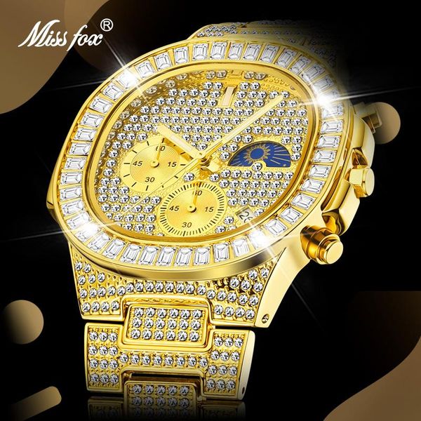 

wristwatches missfox men's quartz luxury brands designer diamond gold square classic watches double dial waterproof top, Slivery;brown