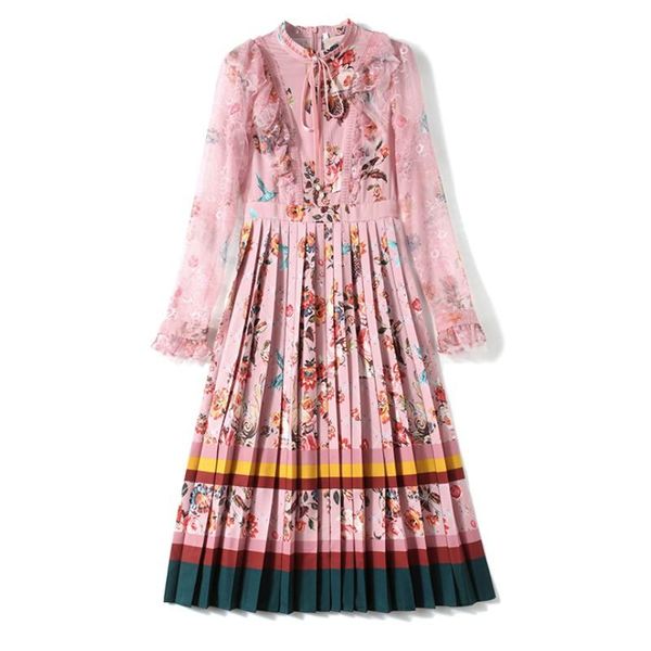 

casual dresses fashion runway autumn midi dress women ruffles lace patchwork floral print vintage female pleated 2021, Black;gray