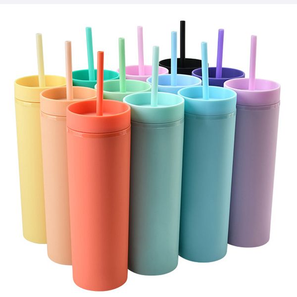 16oz acrílico Skinny Tumblers Matte Cores Parede Dupla 500ml Copo De Café Beber Plástico Cup Sippy