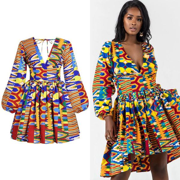 

ethnic clothing african short dress v neck long sleeve women casual clothes, Red