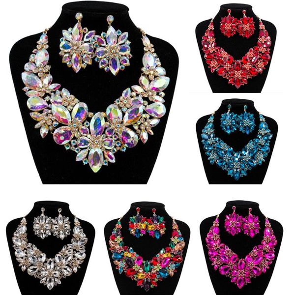 

earrings & necklace flower crystal pendant sets african nigeria rhinestone choker statement jewelry set bridal wedding party gifts, Silver