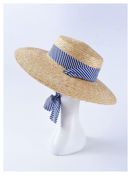 

creative french fashion shallow flat straw hat spring/summer ladies stripe bandage bow sun gorras wide brim hats, Blue;gray