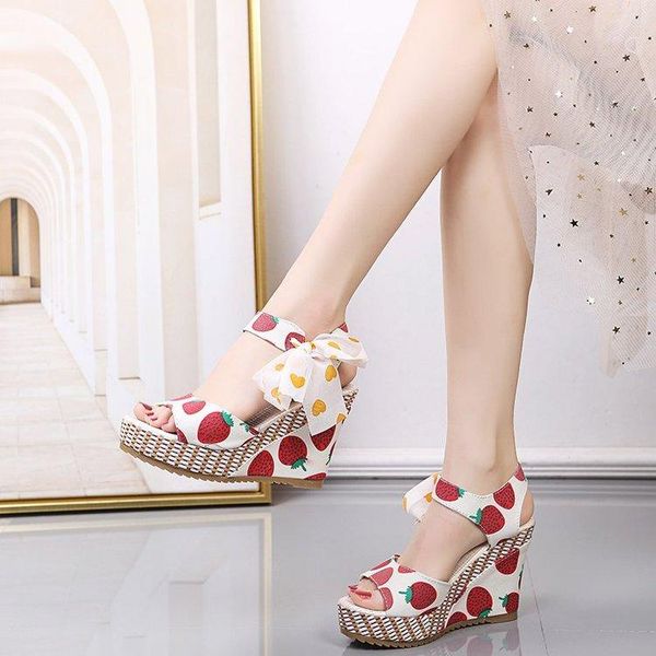 

sandals women dot bowknot design platform wedge female casual high increas shoes ladies fashion ankle strap open toe, Black