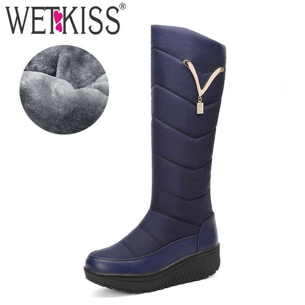 

wetkiss snow boots women winter warm platform shoes fashion metal decoration waterproof non-slip wedges knee high boots 210630, Black