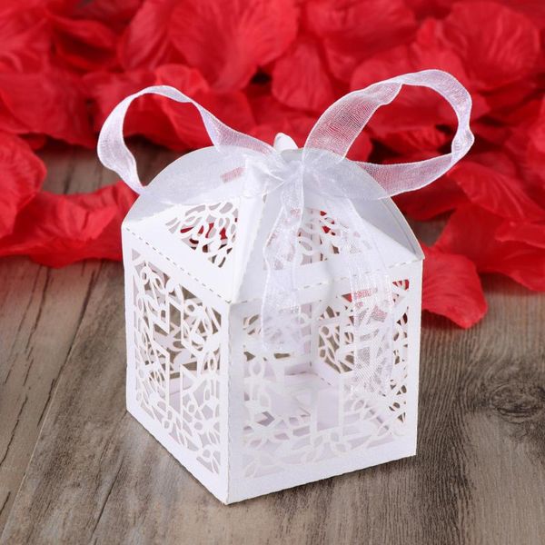 

50pcs hollow cross style wedding favor candy boxes gift with ribbons (white) wrap